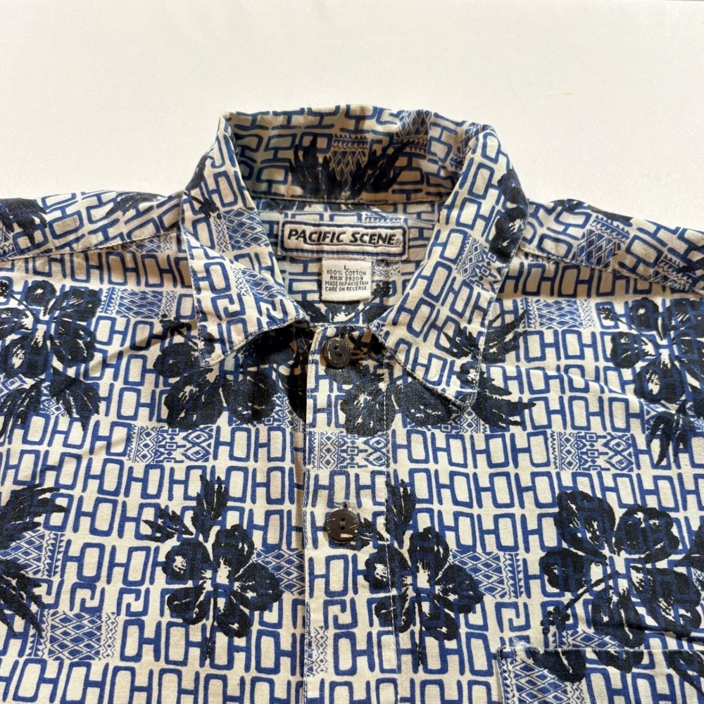 Pacific Scene Hawaiian Shirt Men Large Blue Floral Cotton Short Sleeve Button Up